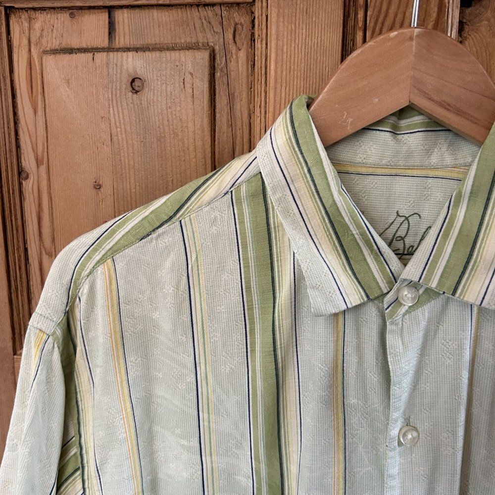 Tommy Bahama Large Silk Button Up Shirt Green Yellow Stripe Short Sleeve Collar - Picture 4 of 11